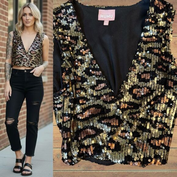 Show Me Your MuMu Tops - Show Me Your MuMu Eve Top In Party Cheetah Sequins